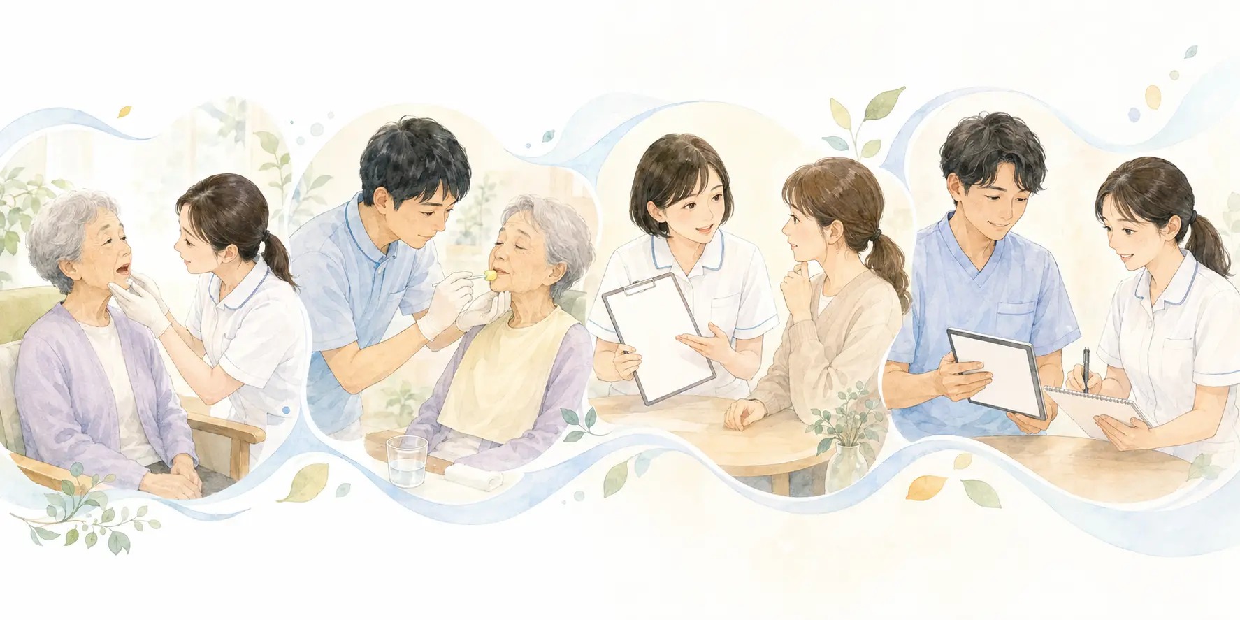 観察、ケア、説明、連携を患者さん中心に進める学習イメージ