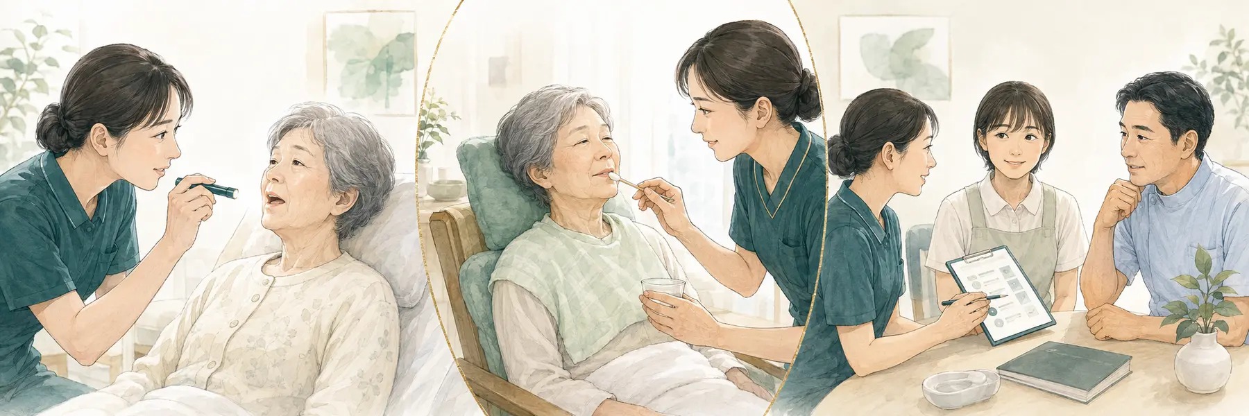 口腔状態の観察、安楽を支えるケア、多職種での情報共有を表した医療イラスト