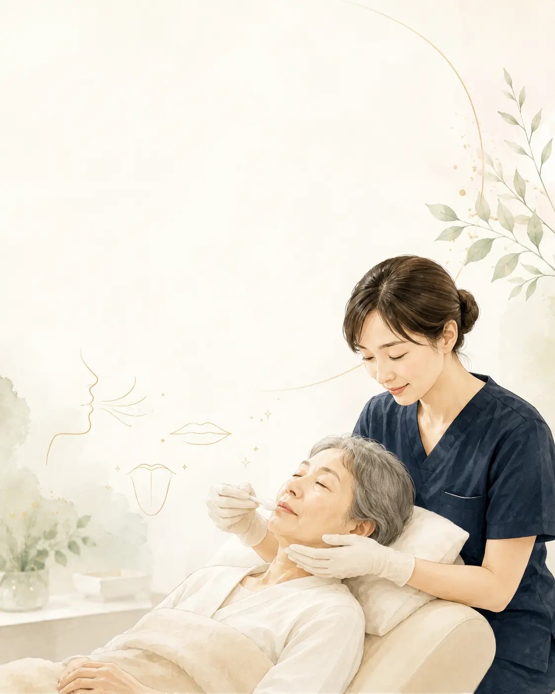 看護師が療養者に寄り添いながら、やさしく口腔ケアを行うイラスト